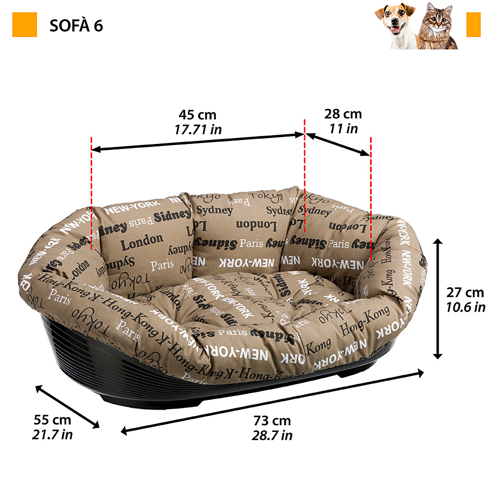 Ferplast panier chien et chat avec coussin sofa' 6 en coton lavable, lit pour chien et chat en plastique rembourré, corbeille en