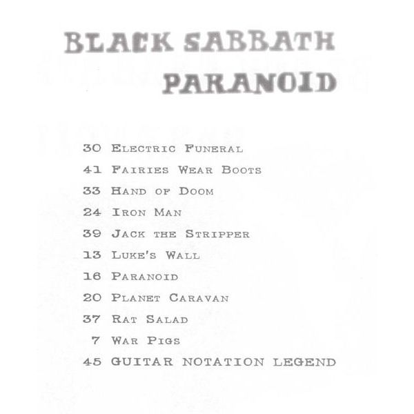Black Sabbath Paranoid Songbook TAB