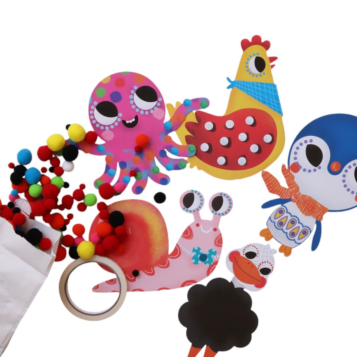 Kit pompons à coller animaux Mercredi et Patati