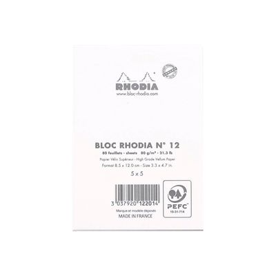 Rhodia - Bloc notes N°12 - A6 - 160 pages - petits carreaux - 80g - blanc