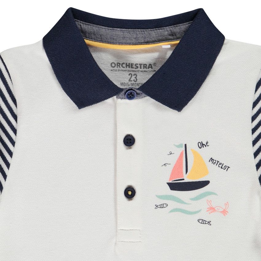 Polo manches courtes rayé en coton piqué print voilier pour bébé garçon - Ecru