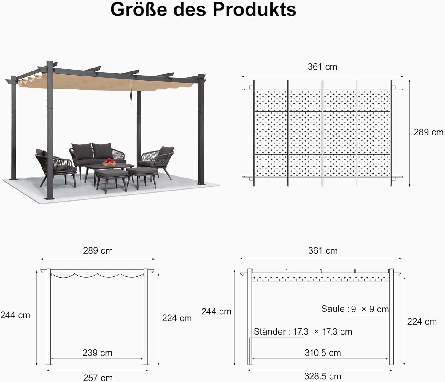 PURPLE LEAF Aluminium Pergola 3 x 3.65 m Wasserdicht Stabil Winterfest, Garten Pavillon mit Sonnenschutz Überdachung, UV-Schutz, Beige