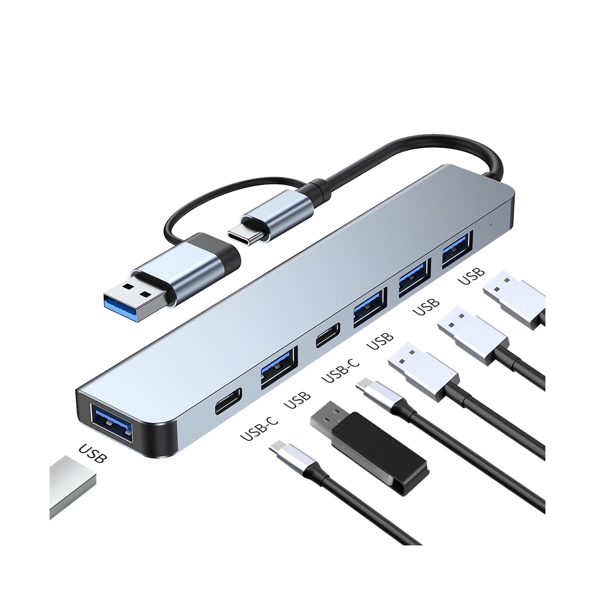 USB-C / USB-hub 7-porter USB3.0 for Windows MacOS Grå