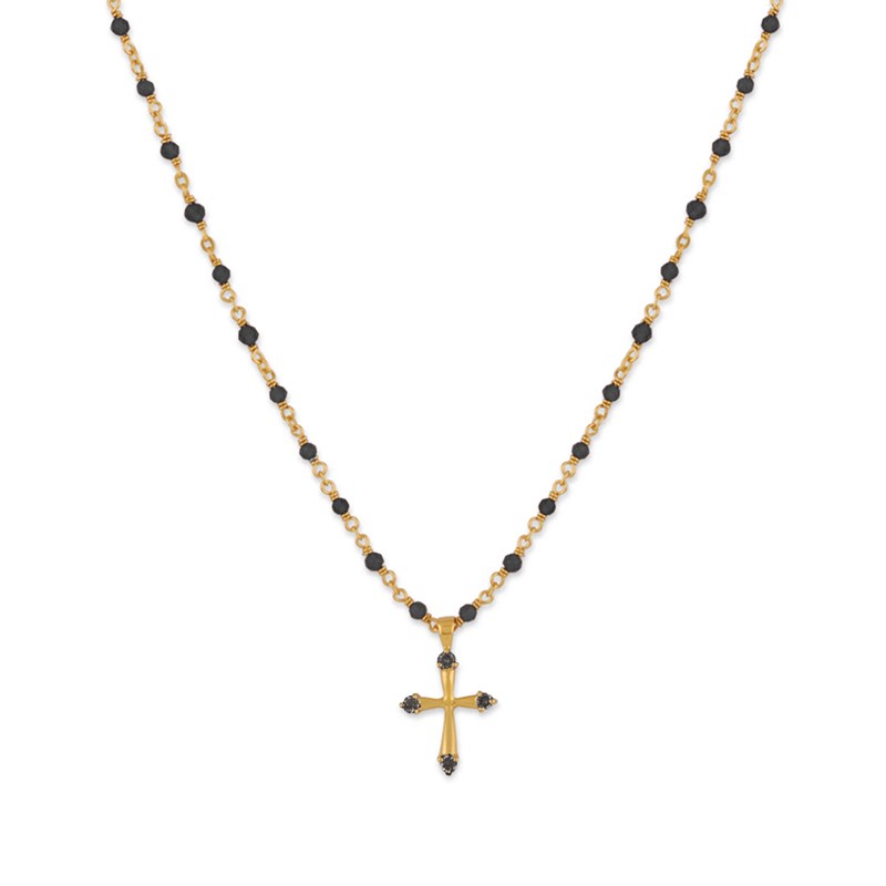 Collier Argent Doré Croix Et Pierres Naturelles Noir