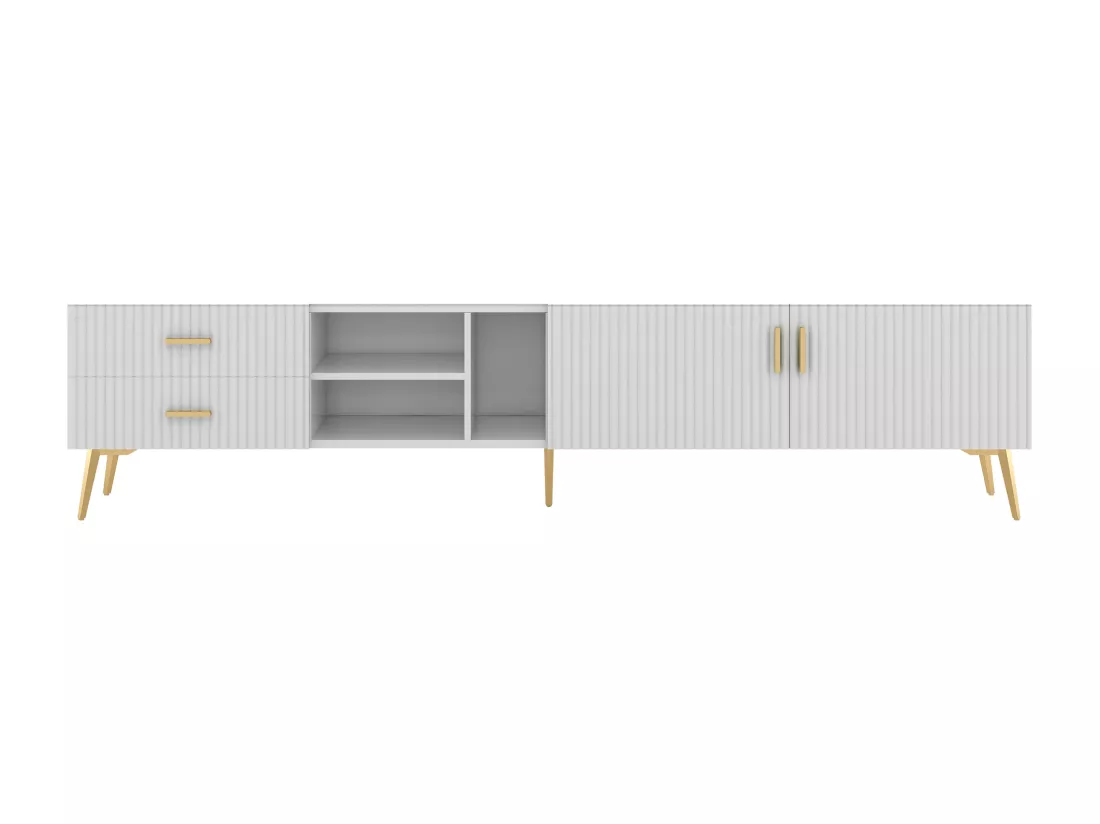 Meuble TV avec 2 portes, 2 tiroirs et 2 niches - MDF - pièds métallique - blanc