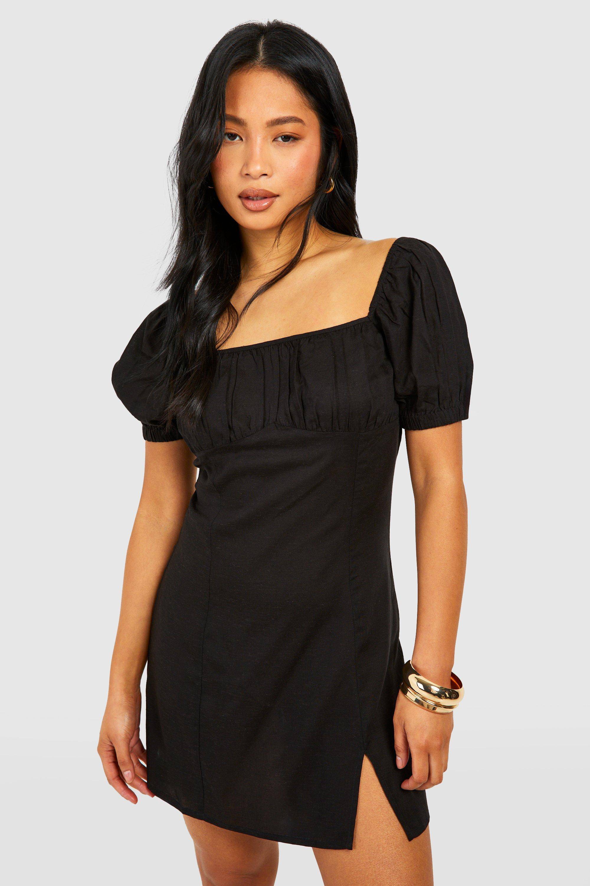 boohoo Robe Mini Petite Aspect Lin Style Fermière