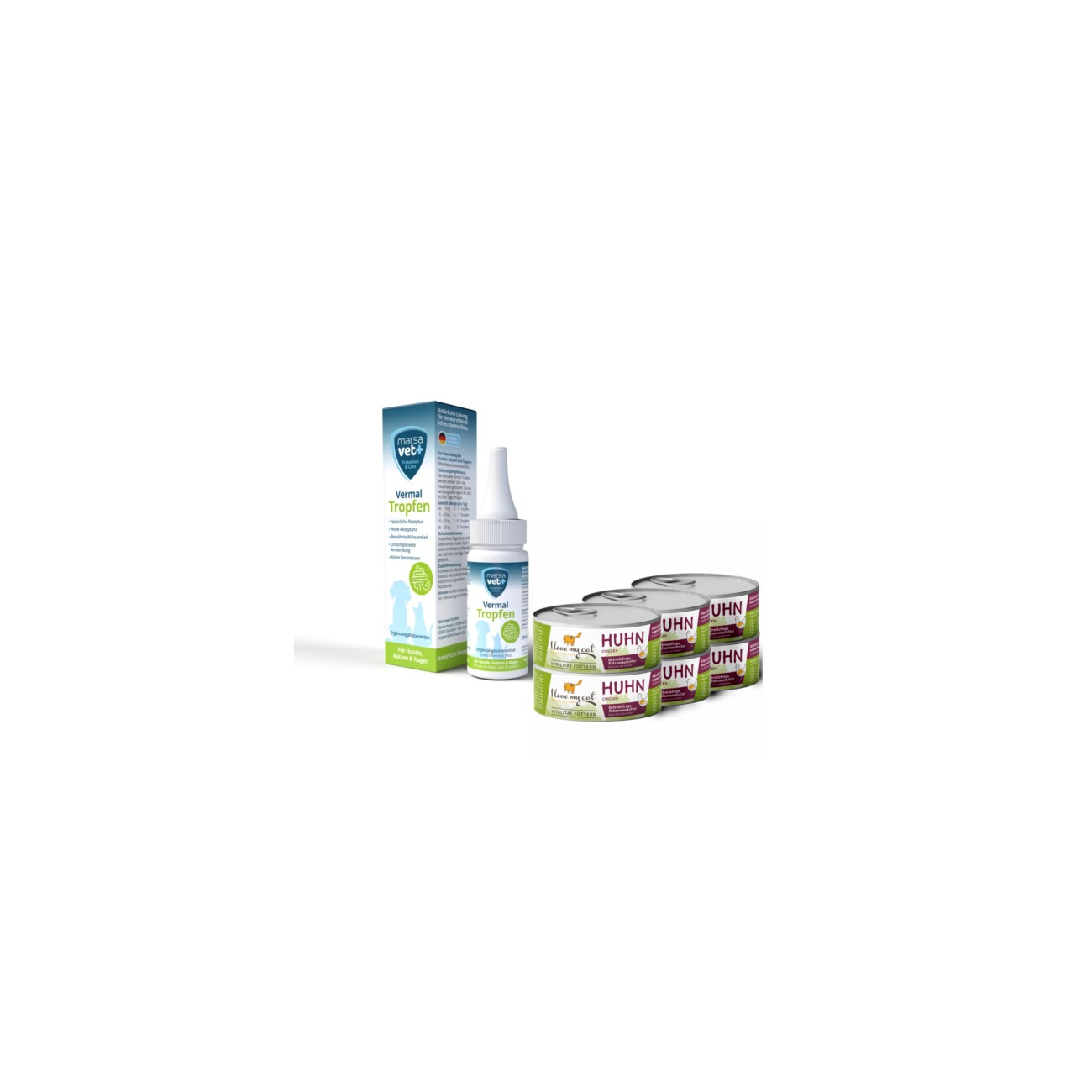 I love my cat Vermal Set für Katzen Marsavet Vermal Tropfen 50 ml + Nassfutter mit Huhn 6x100 g