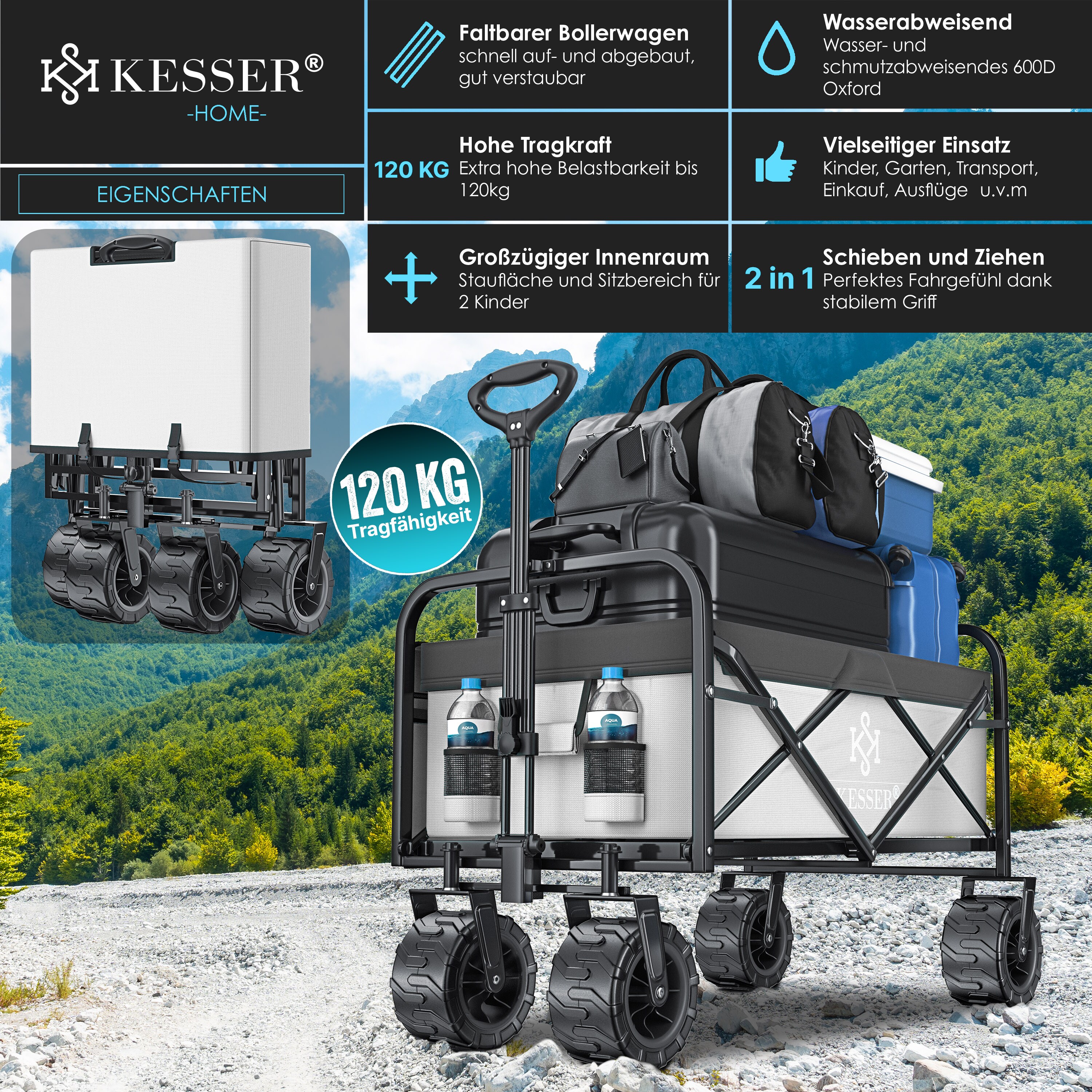 KESSER® Bollerwagen faltbar mit Breite Reifen Handwagen Transportkarre Gerätewagen | inkl. 2 Netztaschen | klappbar | Kunststoff-Reifen | bis 120 kg Tragkraft transportwagen Gartenanhänger