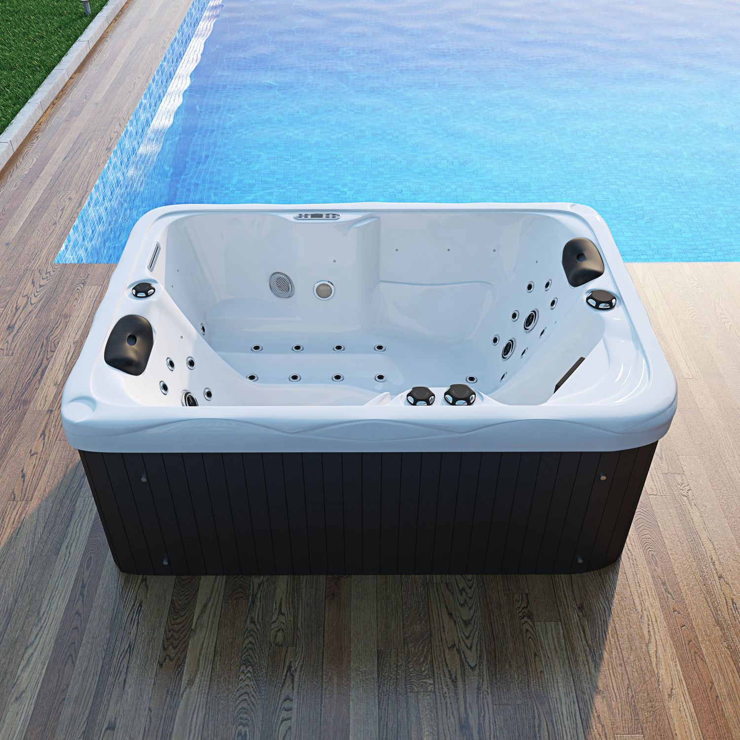 TroniTechnik® Outdoor Whirlpool LEVANZO, 2,2kW Pumpe, 3kW Heizung - 190 x 135 x 77cm - Inkl. Heizung, 41 Massagedüsen, inkl. Treppe