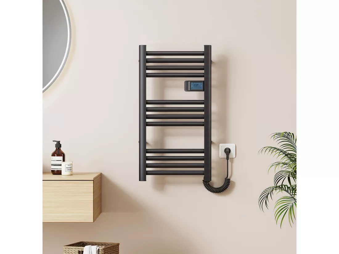 EMKE Sèche-Serviettes Électrique 750 x 400 mm, Porte-serviettes de salle de bain électrique avec interrupteur tactile et minuterie, Noir, 180W