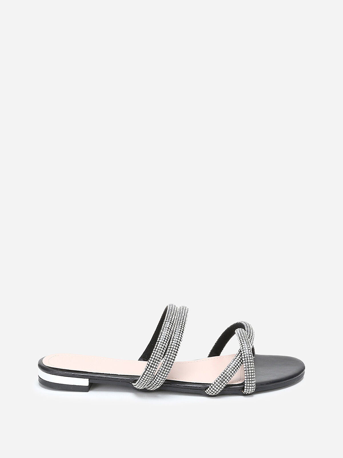 Mules plates à multi-brides en strass- Noir