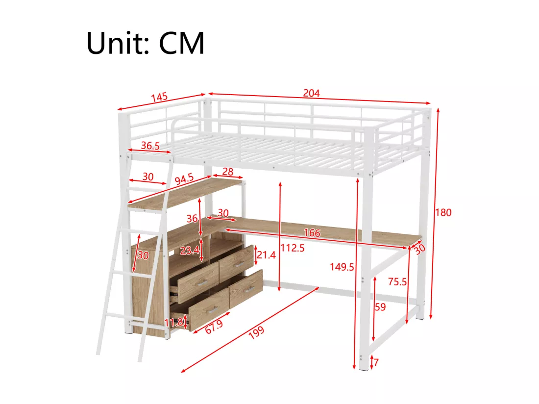 Lit mezzanine 140x200cm - bureau d'angle avec tiroirs - en MDF et métal - Blanc