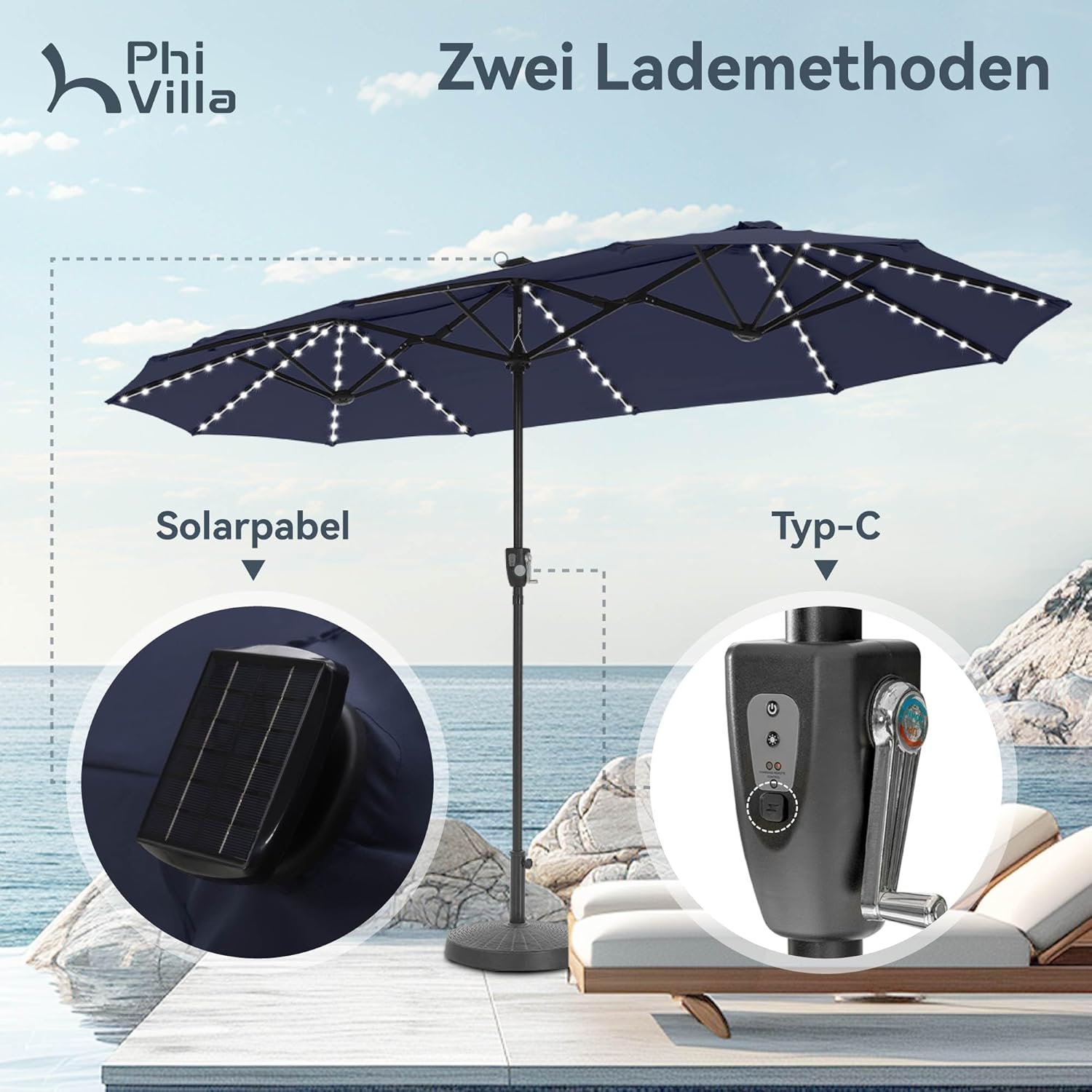 PHI VILLA Sonnenschirm Balkon Rechteckig Groß 380×200cm Balkonschirm Garten Gartenschirm mit LED Kurbel UV Schutz Parasol Windfest