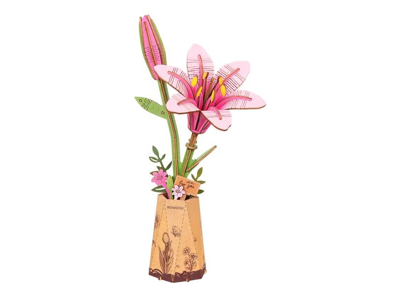 RoboTime Bausatz Pink Lily 124-teilig 3D-Puzzle aus lasergeschnittenen Holzteilen
