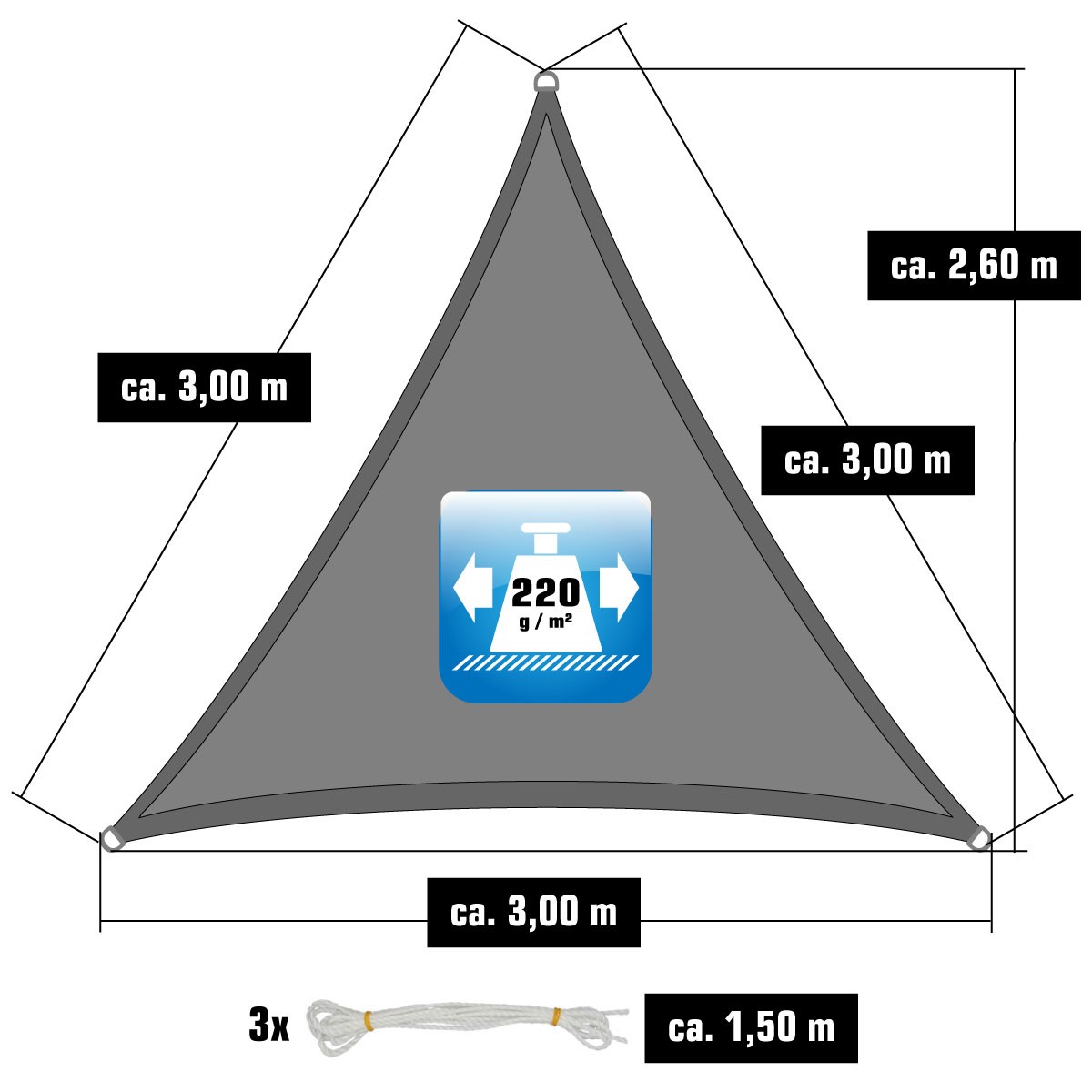 AMANKA 3 x 3 x 3 HDPE schaduwdoek - Gray