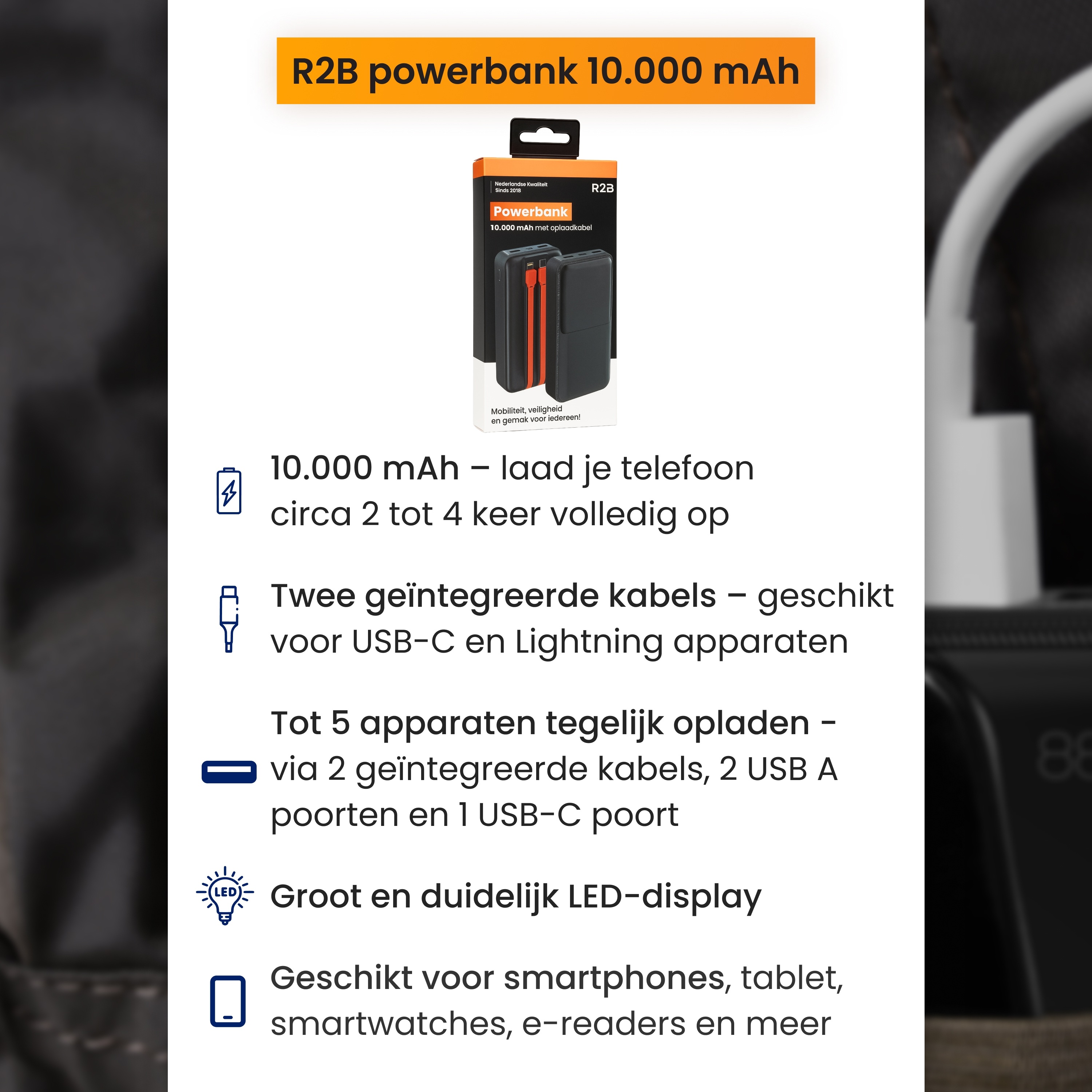 R2B 10000 mAh powerbank met ingebouwde kabels