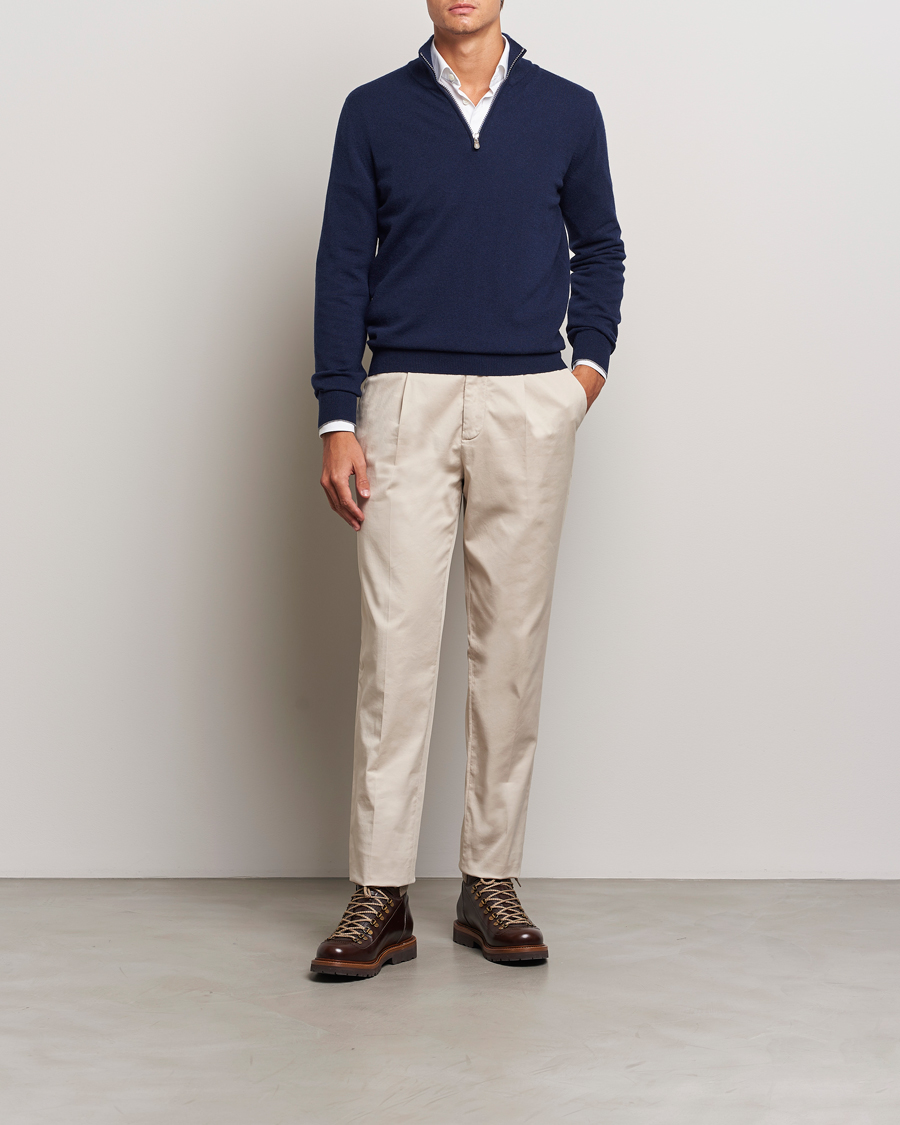 Brunello Cucinelli 2 Ply Cashmere Half Zip Navy