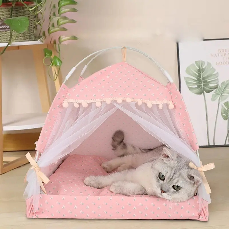 (50x50cm) Haustier Zelt Katzen Bett Indoor Hunde Höhle mit Kissen   Fenster - Rosa
