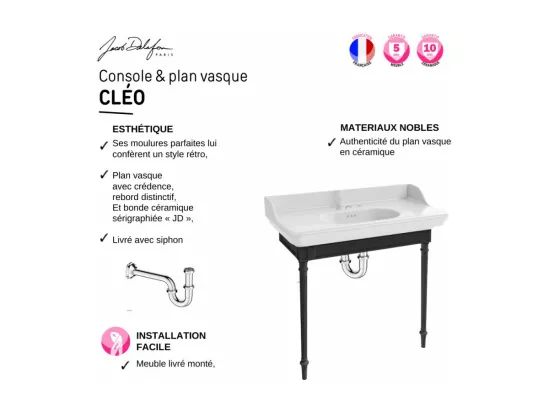 Console JACOB DELAFON Cléo 1889 avec plan vasque 3 trous + mélangeur croisillon lavabo chromé + siphon chromé