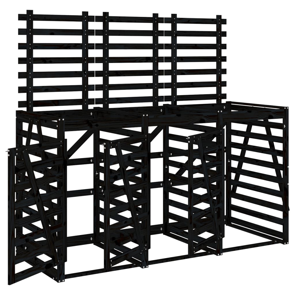 Abri pour poubelle triple sur roulettes noir bois massif de pin
