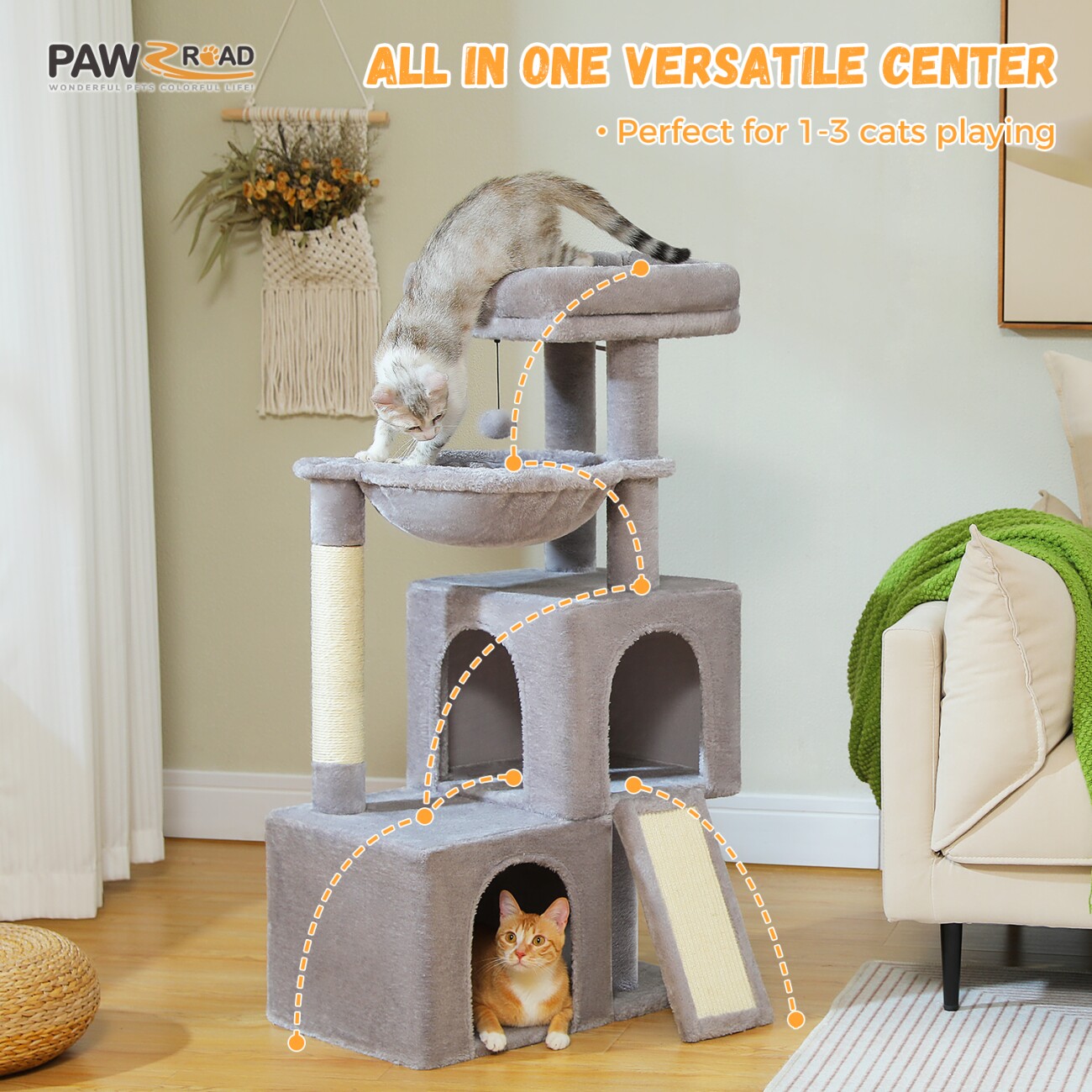 Pawz Road –Kratzbaum 104 cm–mit Höhlen grau