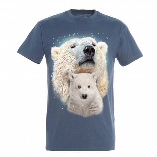 Camiseta azul com estampa de urso polar e bebê.