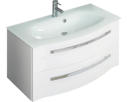 3-delige badkamermeubelset Pelipal xpressline 4005 BxHxD 92 x 200 x 49,1 cm, hoogglans witte fronten, met witte glazen wastafel en glazen wastafelmeubel, wastafelkast, spiegelkast met LED-verlichting, chromen greep, 992.0900111 9920900111
