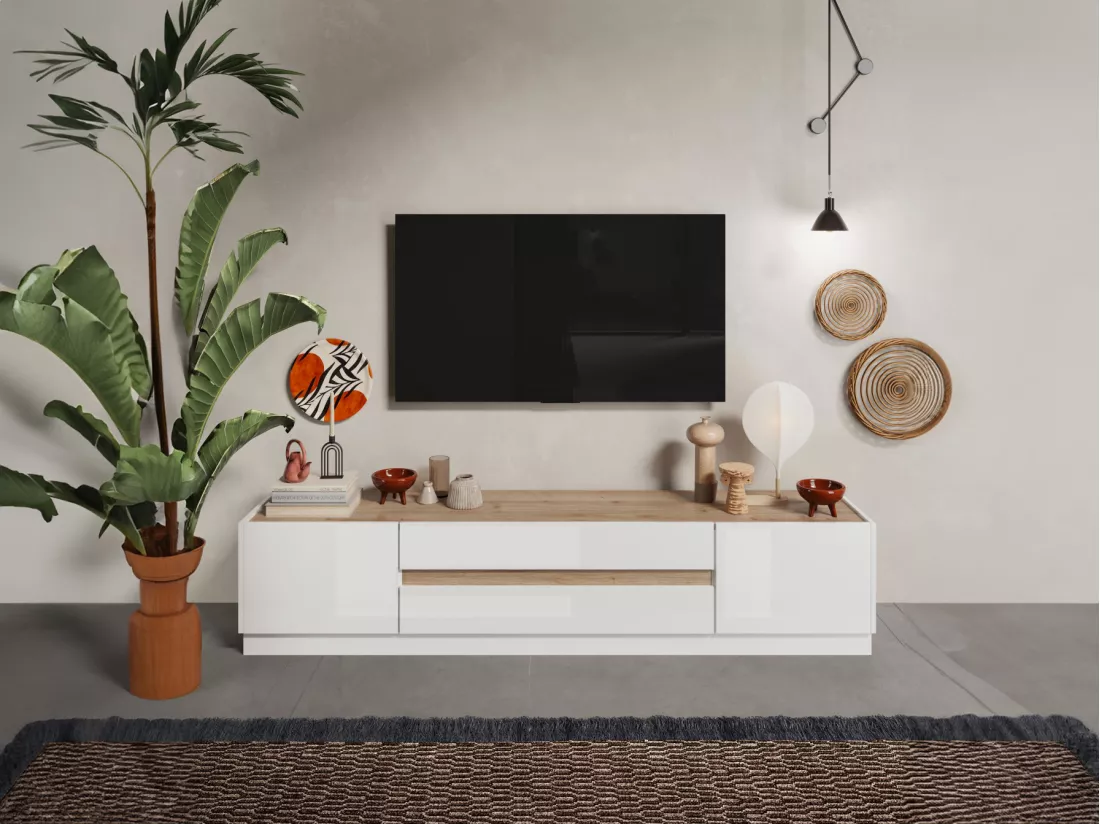 Meuble TV avec 2 portes et 2 tiroirs - Blanc laqué et Naturel - EMORA