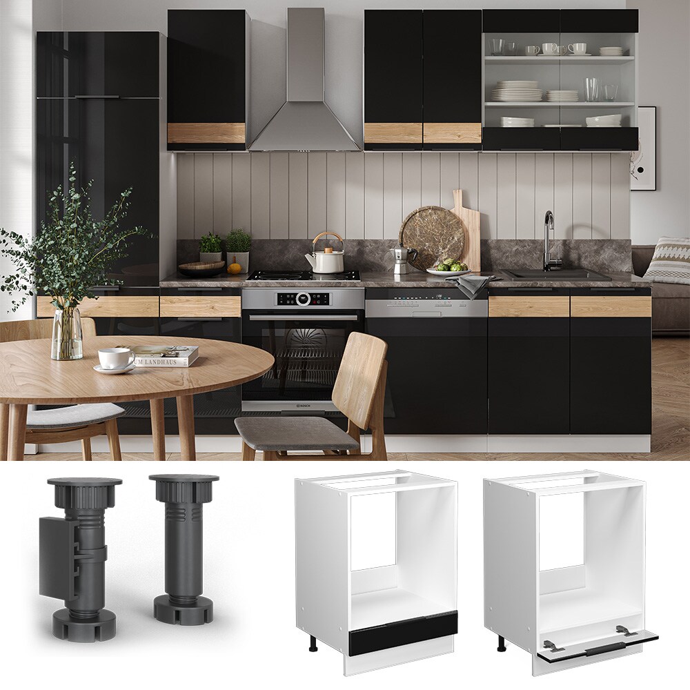 Vicco Herdschrank Küchenschrank Küchenmöbel Fame-Line Weiß Schwarz 60 cm modern Hochglanz