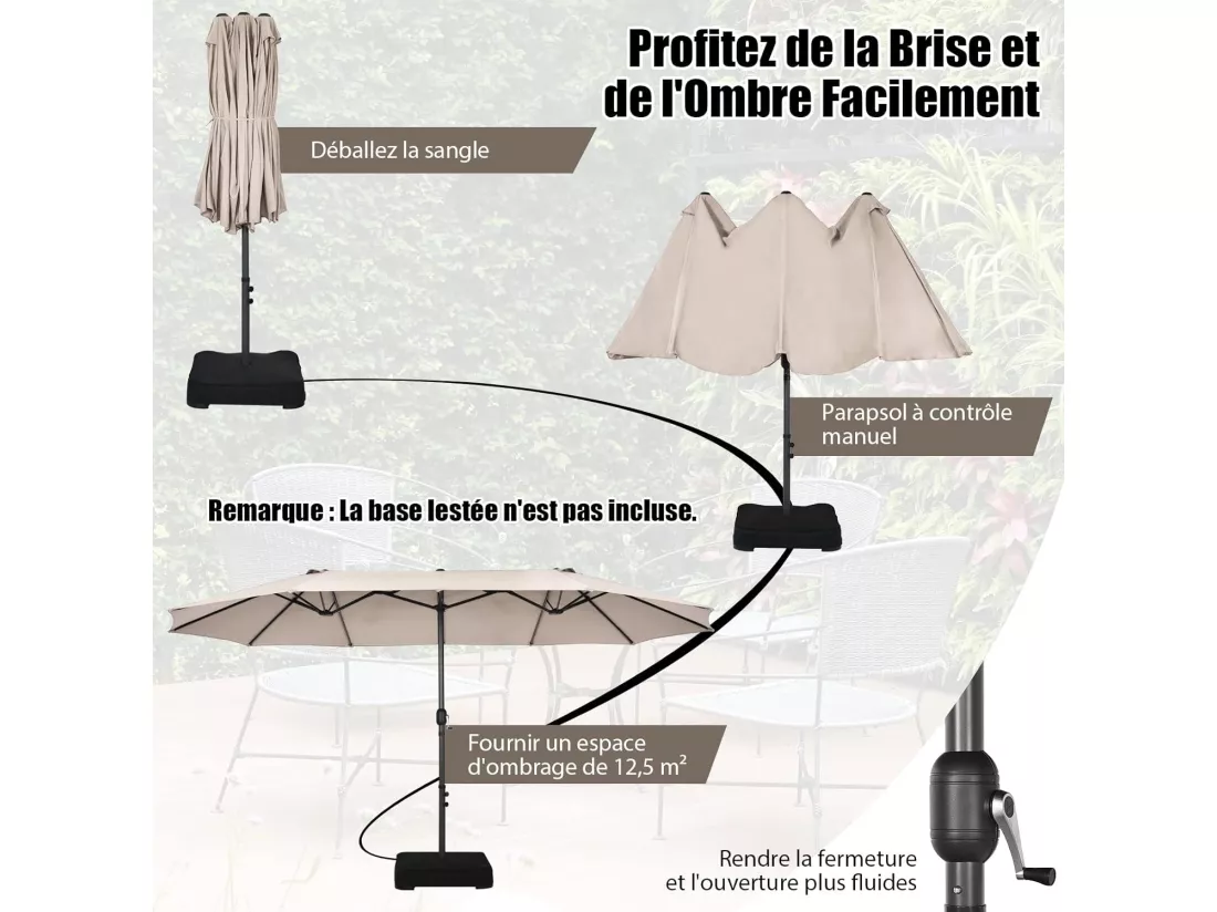 Parasol de Jardin Double XXL 470x280 CM 12 Côtes Manivelle Cadre Métal Toile Polyester 3 Trous d'Aération Poteau 48MM Beige