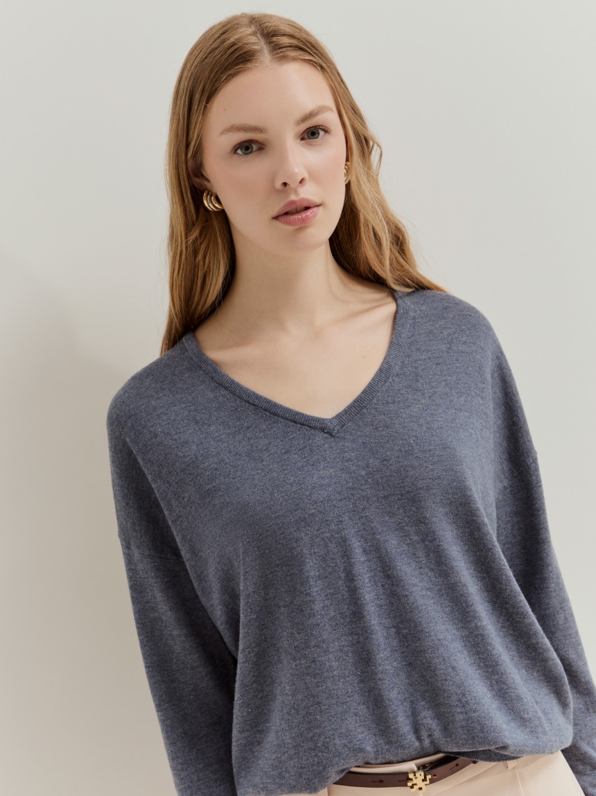 Pullover decote em V com algodão e lã