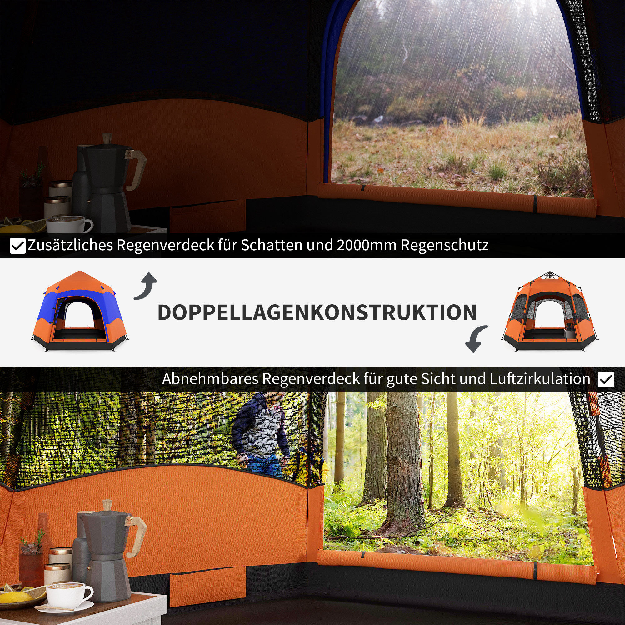 Outsunny Doppelwandzelt für 5–6 Personen orange, blau 280 x 280 x 170 cm (LxBxH)