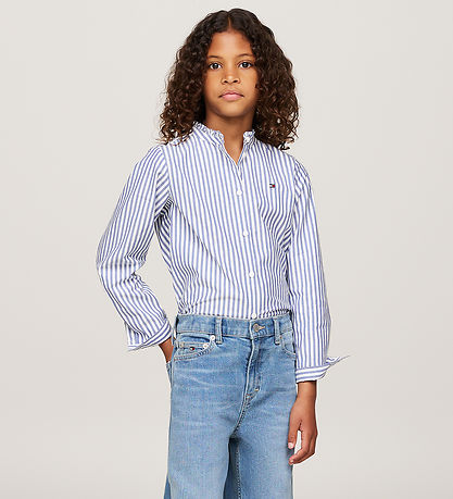 Tommy Hilfiger Bluse - Ruffle Collar - Mid Blue/Optic White