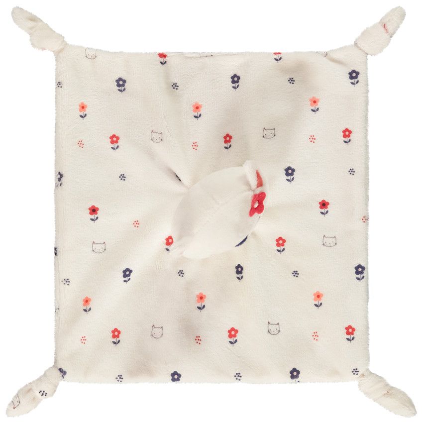 Doudou plat chat en velours imprimé pour bébé fille - Ecru