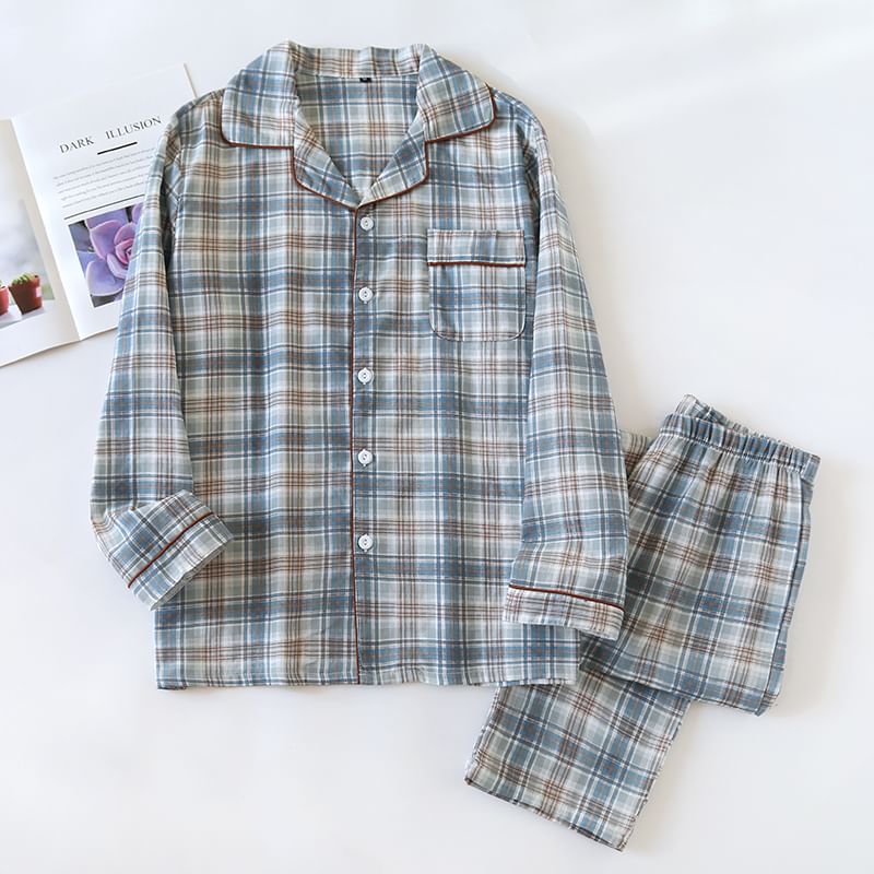 MelMount - Pyjamaset: geruite top met lange mouwen + broek