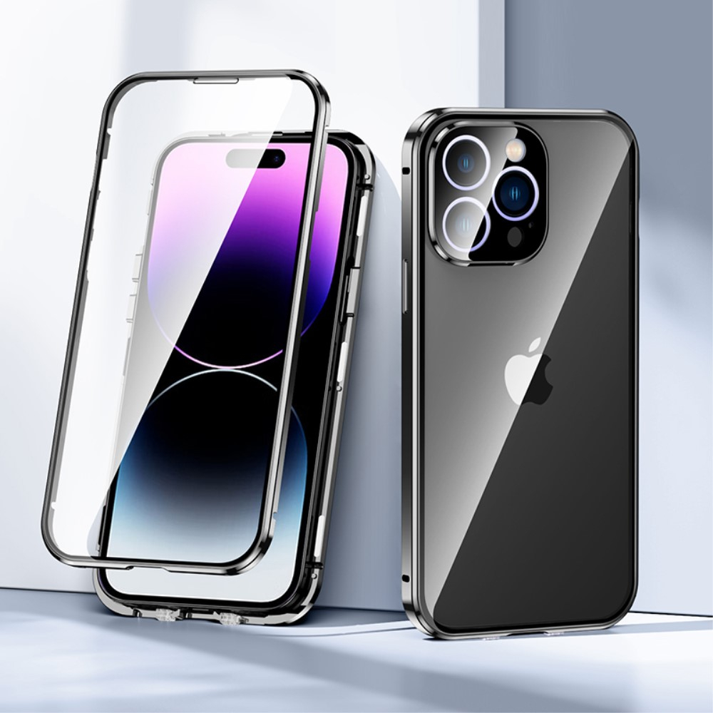 iPhone 14 Pro Magnetische Alu Schutzhülle mit Panzer Glas Backcover   Display- / Kameraglasschutz (Magnet-Technologie) - Schwarz
