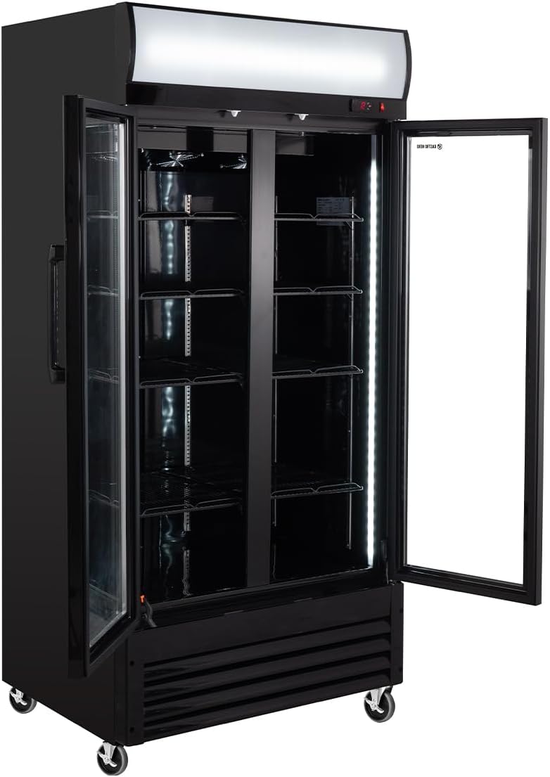 Getränkekühlschrank Eco 630 mit Leuchtaufsatz & Klapptüren, 8 verstellbare Böden, 630L Kühlraum, Glastür, Innenbeleuchtung, Gastronomiebedarf, schwarz für Gewerbe & Gastro