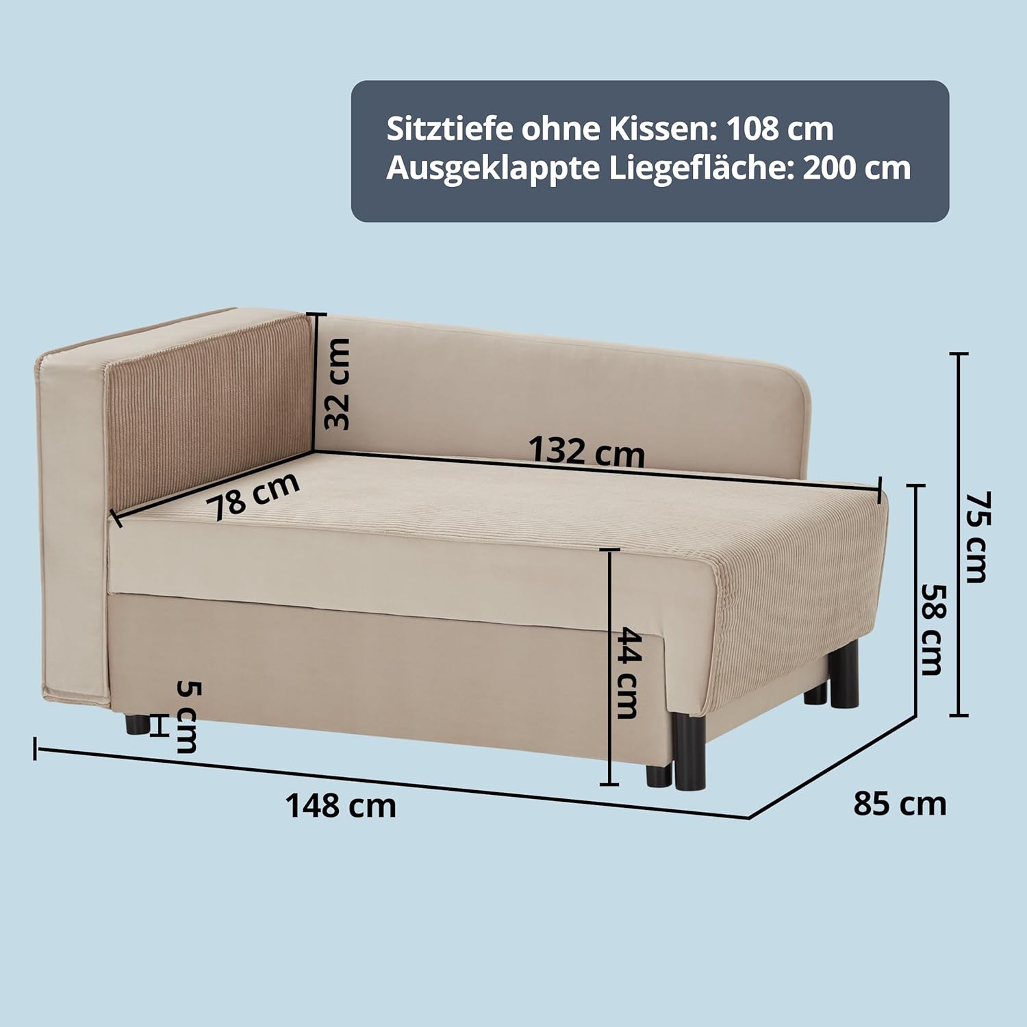 KHG Recamiere mit Bettkasten & Schlaffunktion - Moderne Liege mit Komfortschaum & Wellenunterfederung - inkl. Rückenkissen & Armlehnkissen - Cordstoff Beige