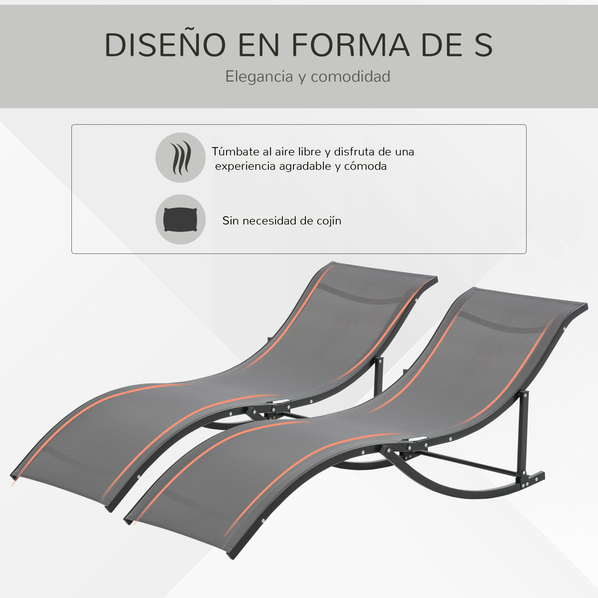 Conjunto de 2 espreguiçadeiras dobráveis Outsunny, com estrutura em alumínio em formato de S, capacidade de carga de 120 kg, ideais para piscina, pátio e terraço, dimensões 165 x 61 x 63 cm, cinza escuro.