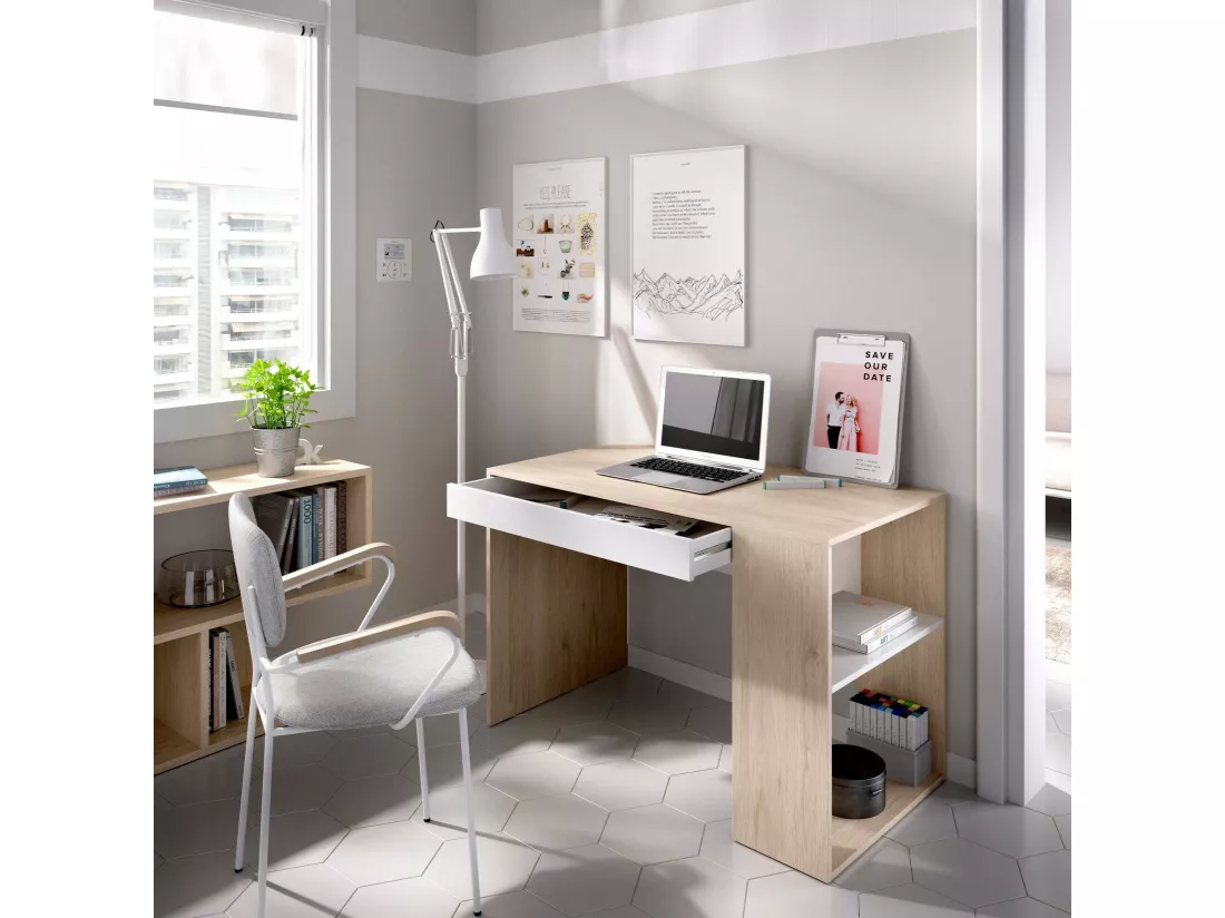 Bureau Dfalc, Bureau polyvalent pour le bureau ou la chambre, Table d'étude linéaire avec étagères, 115x50h74 cm, Chêne et Blanc