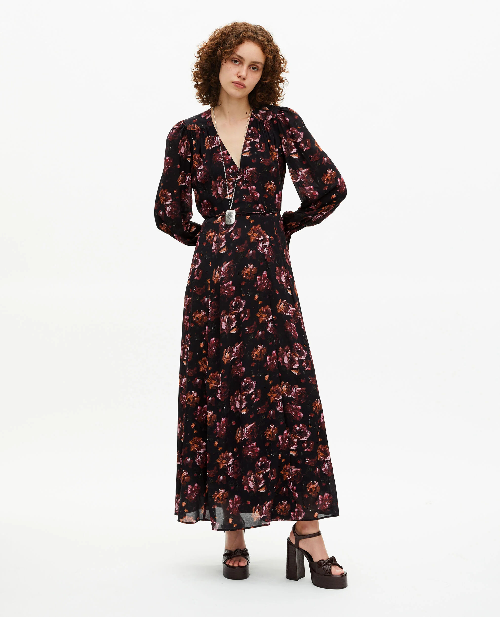Robe longue imprimé fleuri en soie mélangée bordeaux
