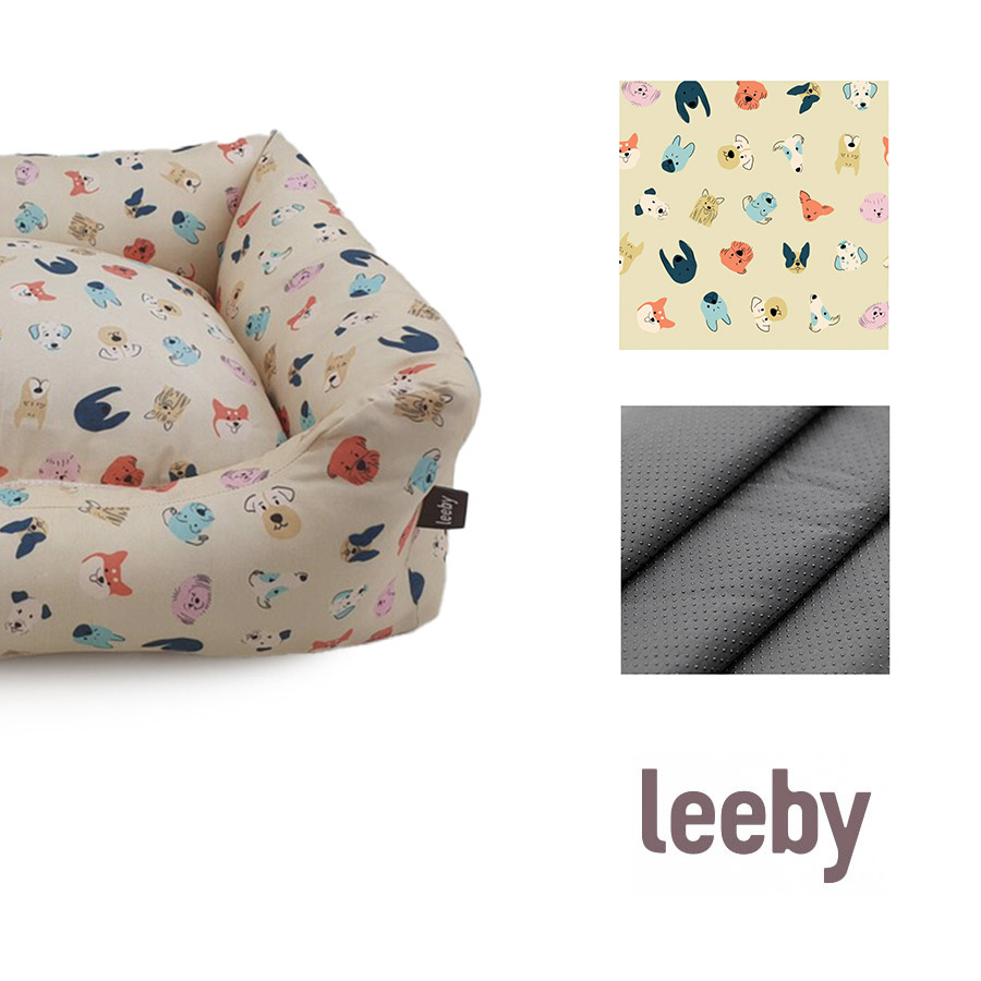 Cama para cães Leeby com capa removível, bege, estampa de quadrinhos.