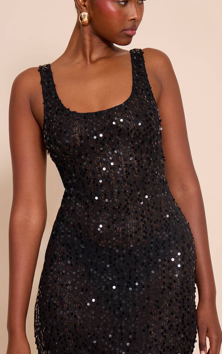 Noir Robe Mini À Col Rond Ornée De Paillettes