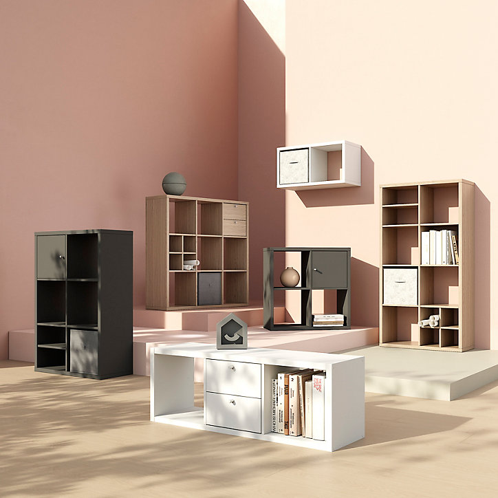 Étagère modulable 4 cubes avec 2 portes GoodHome Mixxit effet chêne