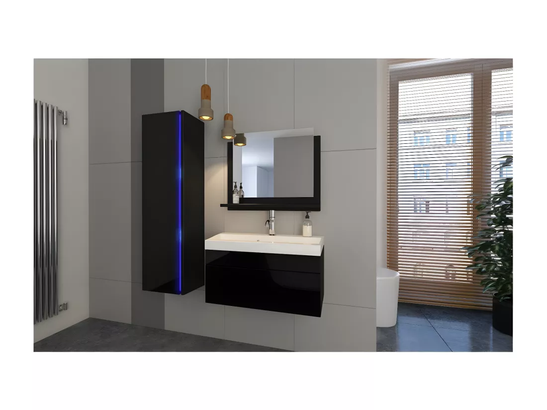 Colonne de salle de bain suspendu, collection BIRD, coloris noir mat et noir brillant, idéal pour une salle de bain moderne.