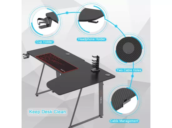 Bureau Gaming Ergonomique,Table d'ordinateur en Forme de L Droite,Grand Bureau de jeu avec Panier à Boissons Crochet Pour Casque,160x100x75cm