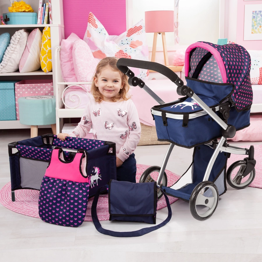 bayer Design Kombi-Puppenwagen Mega Set, blau mit Herzen und Einhorn