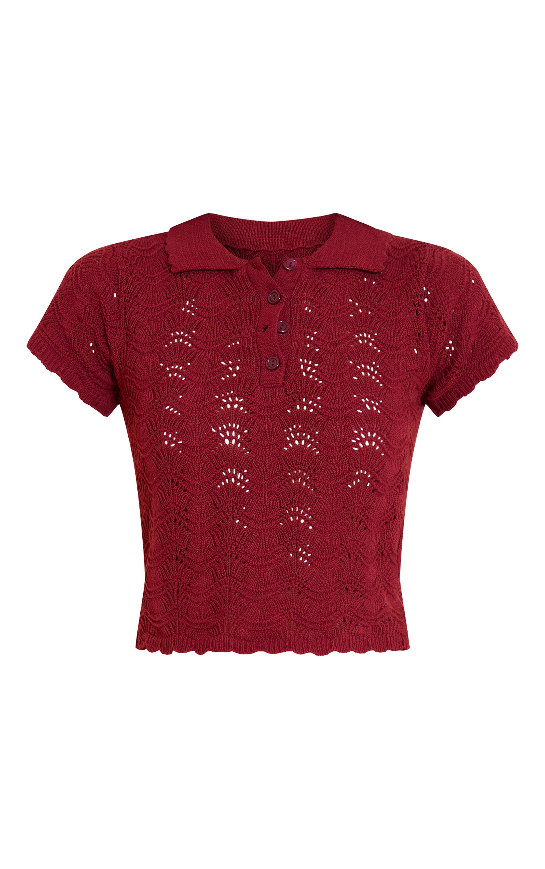 Rouge Bordeaux Haut Col Polo En Crochet