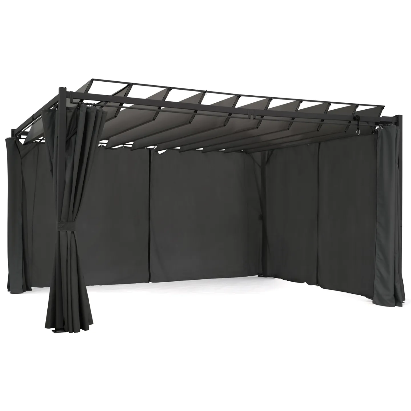 Pergola édition suprem lames orientables 3x4 M et 4 rideaux gris anthracite