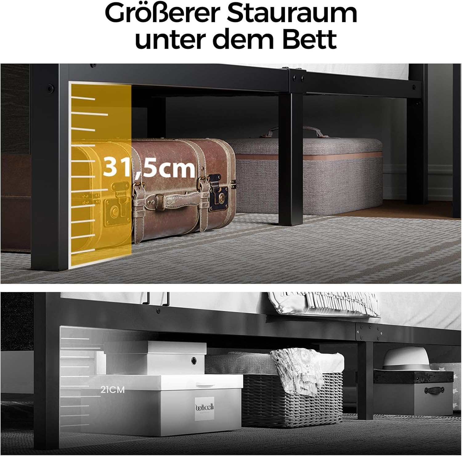 Seventable Bett 90x200 mit LED, Ladestation (2 USB-Anschlüsse & 1 Typ-C-Anschluss), Metallbett mit Gepolstertem Kopfteil & Stauraum, perfekt für Kinderzimmer, Jugendzimmer WO9866301